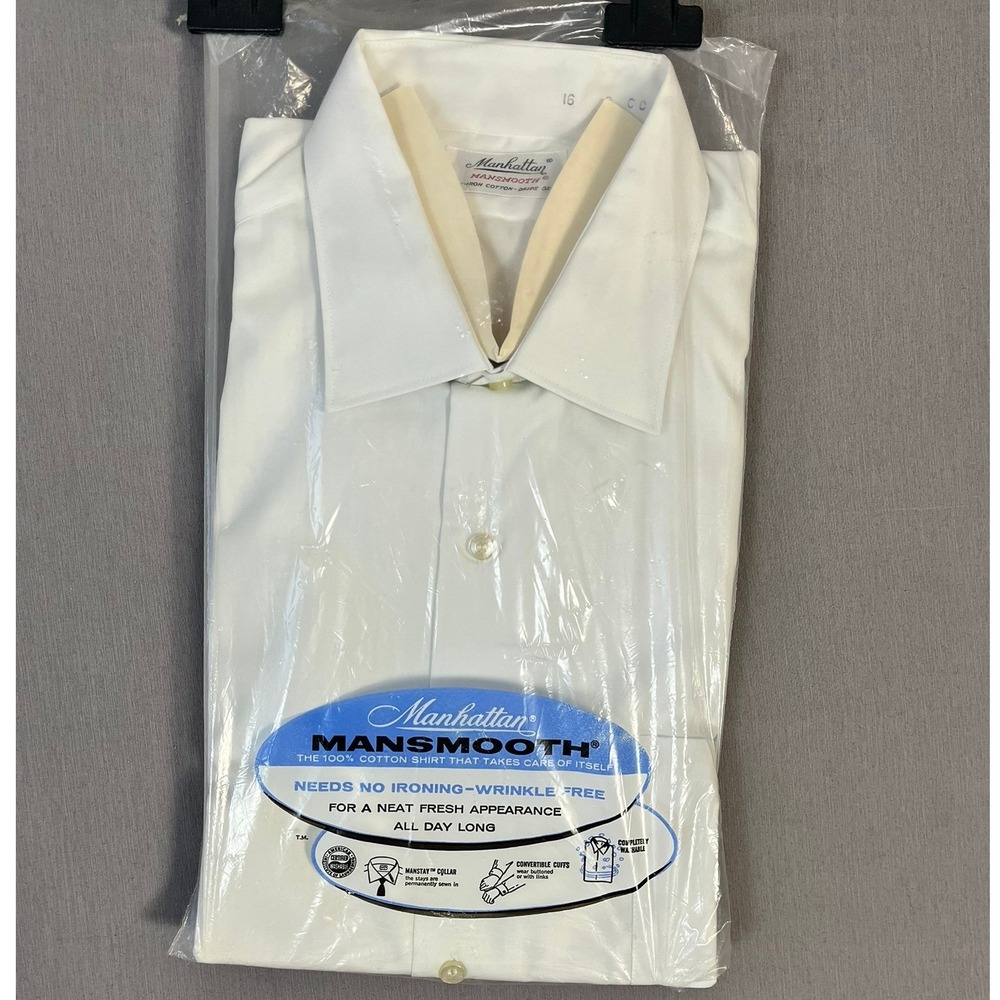 NIP Manhattan Mansmooth Wrinkle‑Free Dress Shirt White VTG 60s/70s – Made in USA